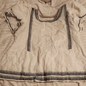 LOFT White Blouse with Black Embroidery